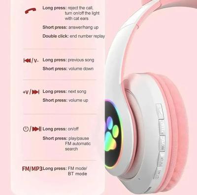 LED Cat Ear Wireless Headphones – Bluetooth Headset with RGB Lights, Mic & Foldable Design
